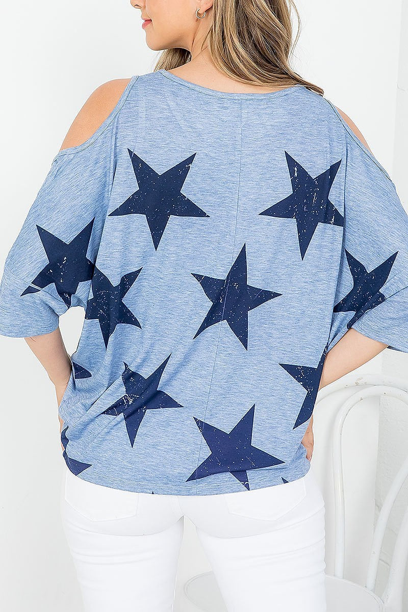 Stars print cold shoulder scoop neck distressed batwing top (EF3695)