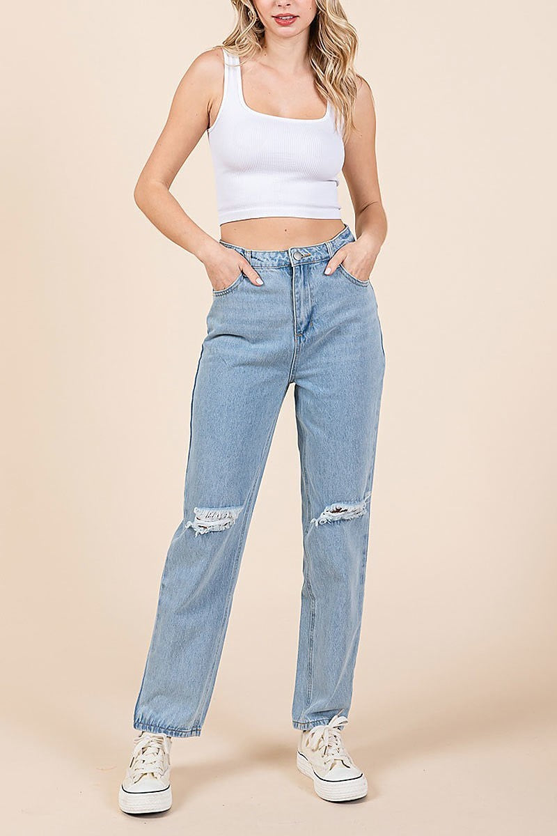 High waist distressed straight leg jeans (EDH2088)