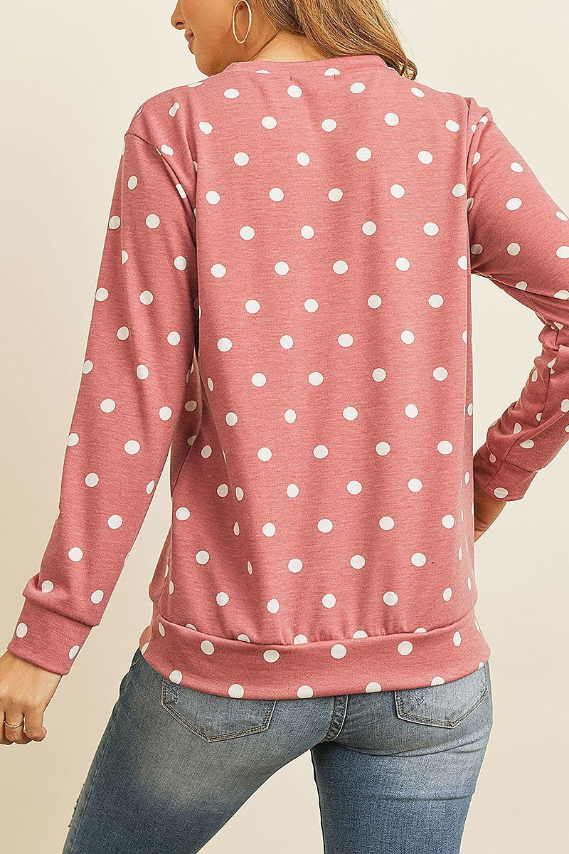 Fleeced polka dot print long sleeved pullover top (EF2654)