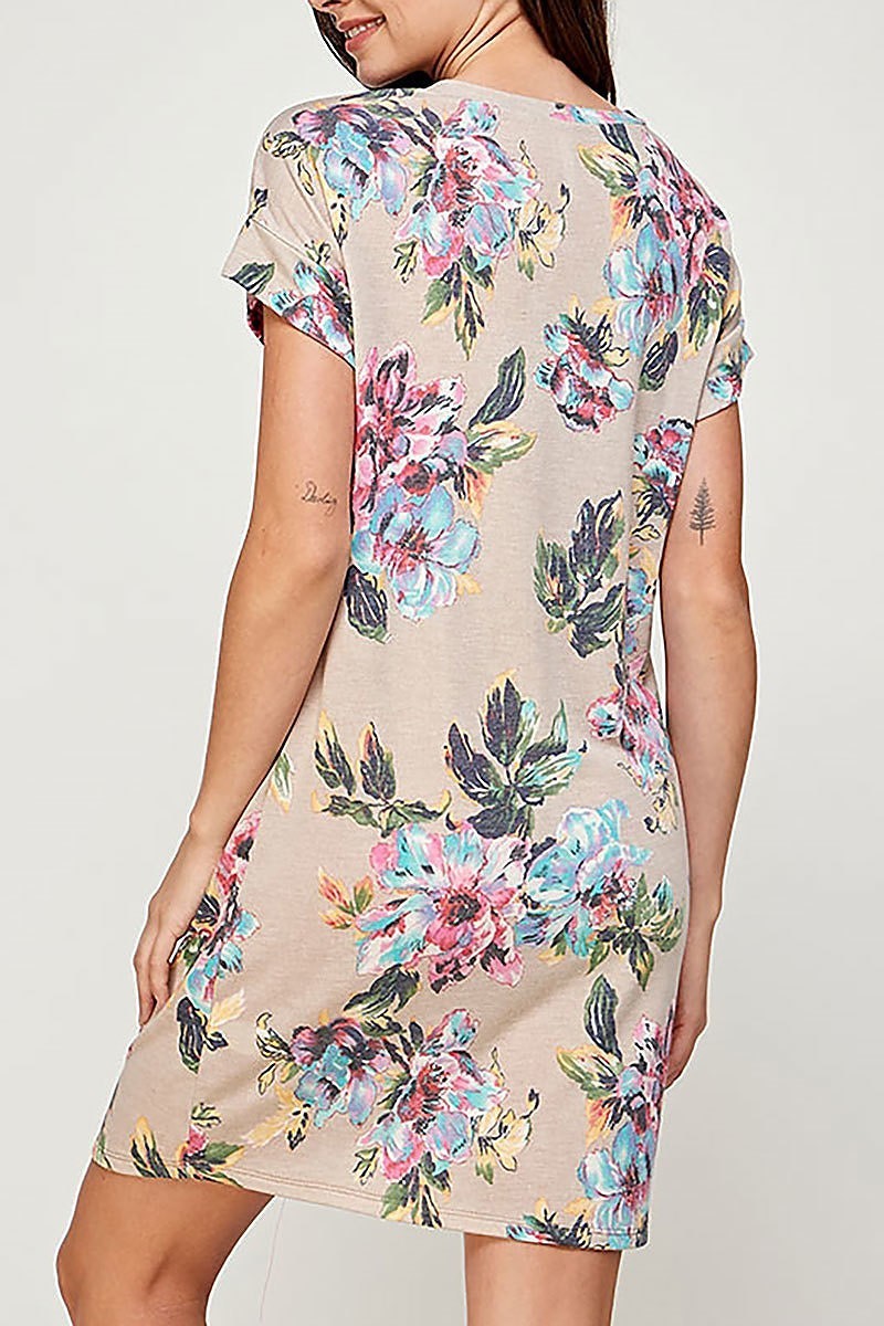 Round neck floral print pocket dress (DED6405)