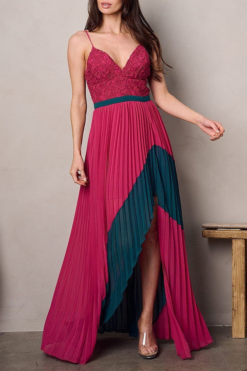 Sleeveless v-neck front slit pleated colorblock maxi dress (EFWT2278)