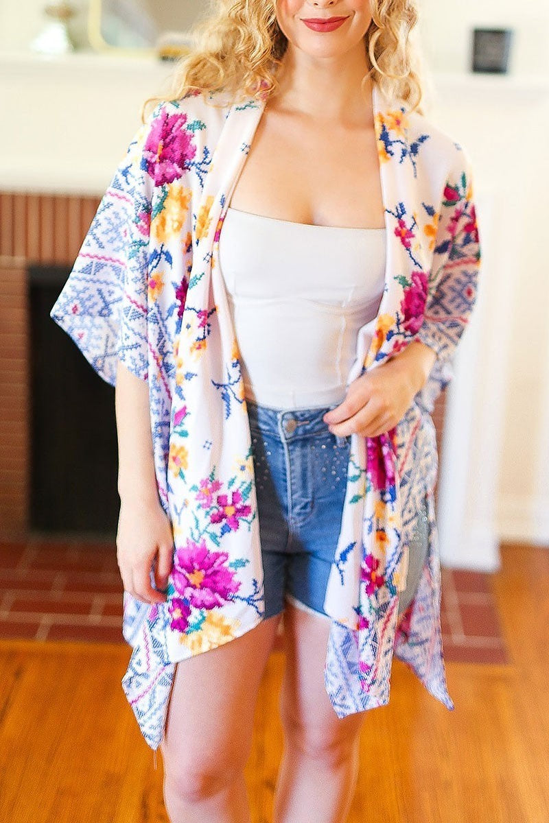 Floral border print open kimono (ETBM5710)