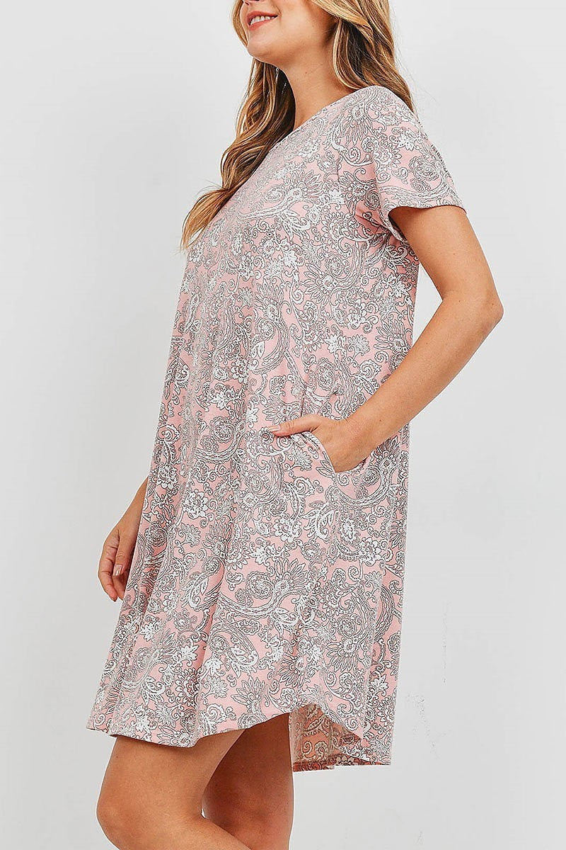 Short sleeves paisley round hem pocket dress (DED6353)