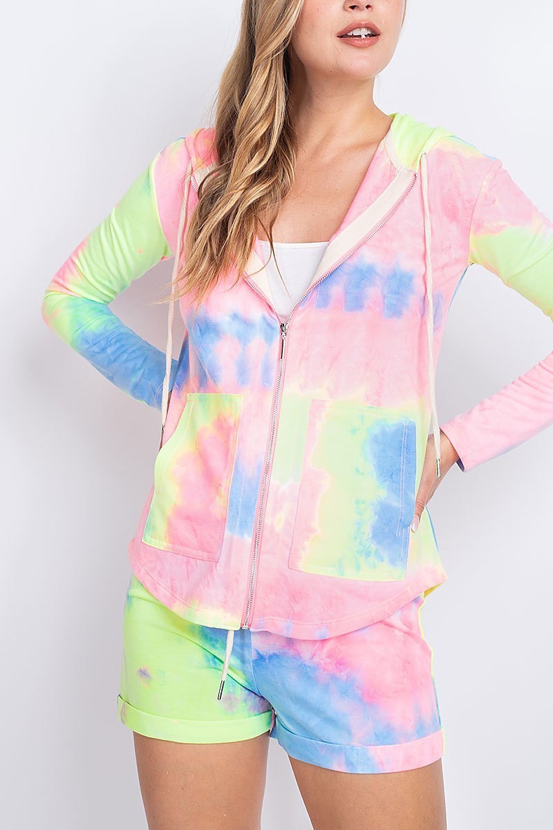 Pocket detail hoodie tie dye jacket and short set (EF1924)