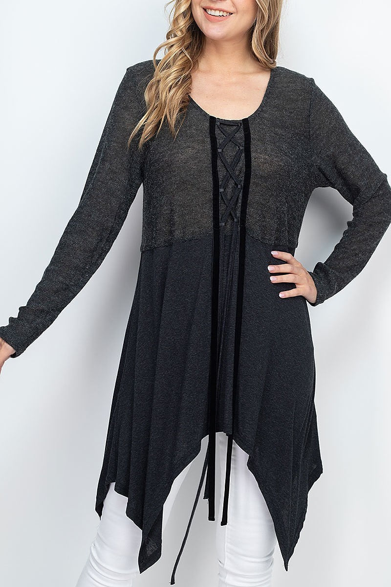 Velvet tape lace up center detail asymmetrical hem tunic top (EF1313)