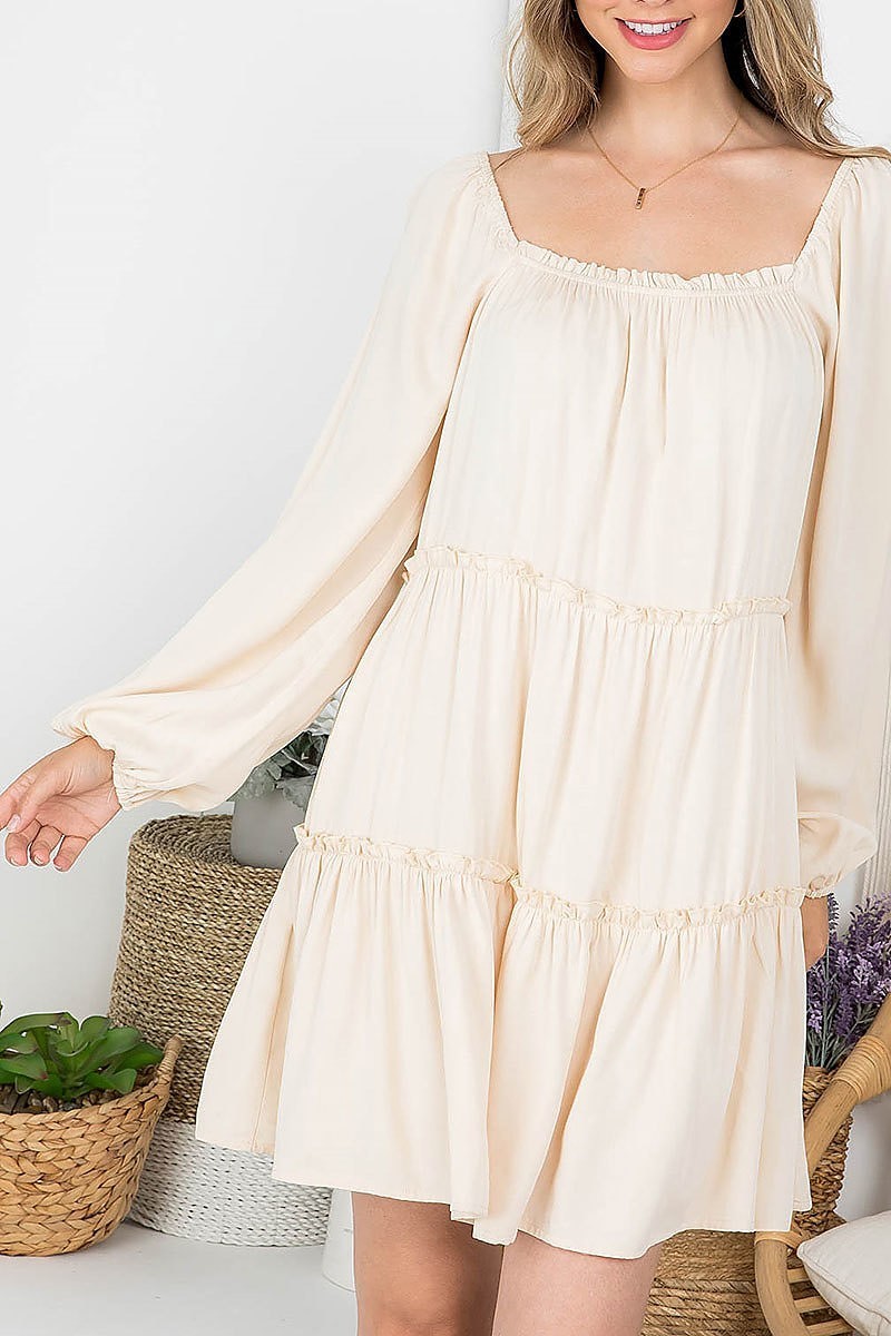 Square neck bubble sleeve tiered dress (DED7622)