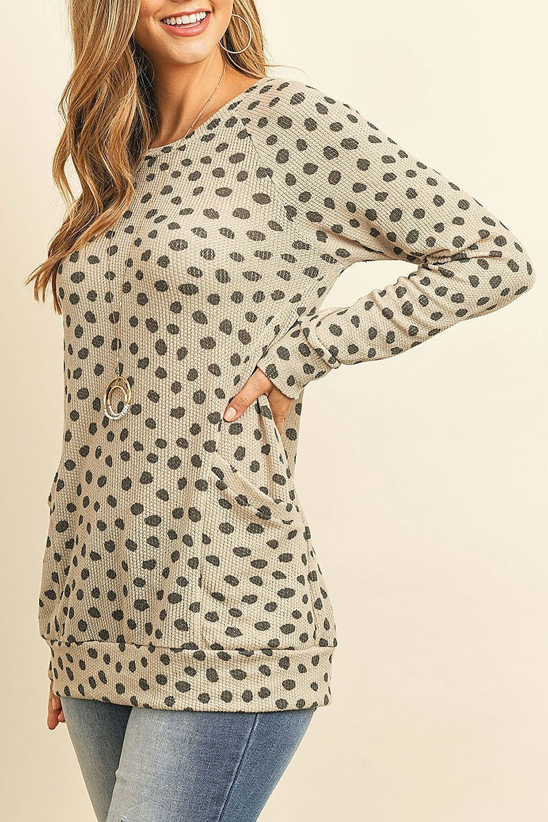 Animal print rib detail long sleeved pocket top (ED8543)