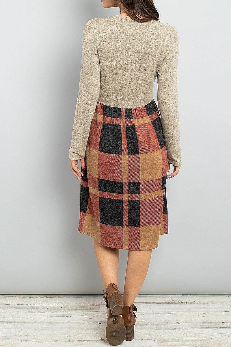 Two toned high neck long sleeves plaid contrast dress (DED5776)