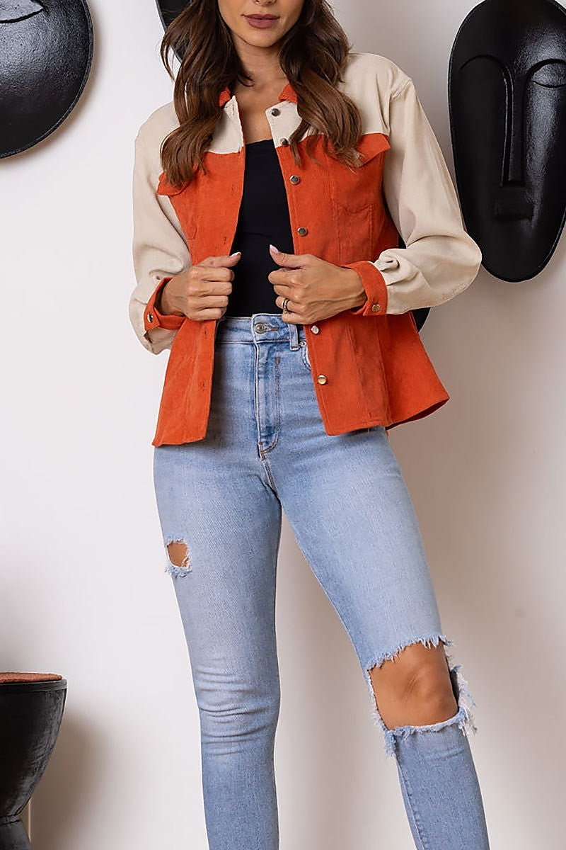 Color block corduroy long sleeves jacket (EDSW3662)