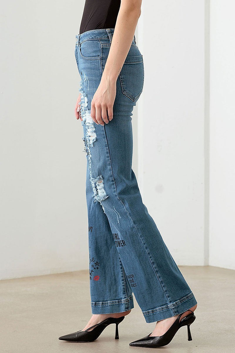 Mid waist slogan graphic print flare denim pants (TED2971)