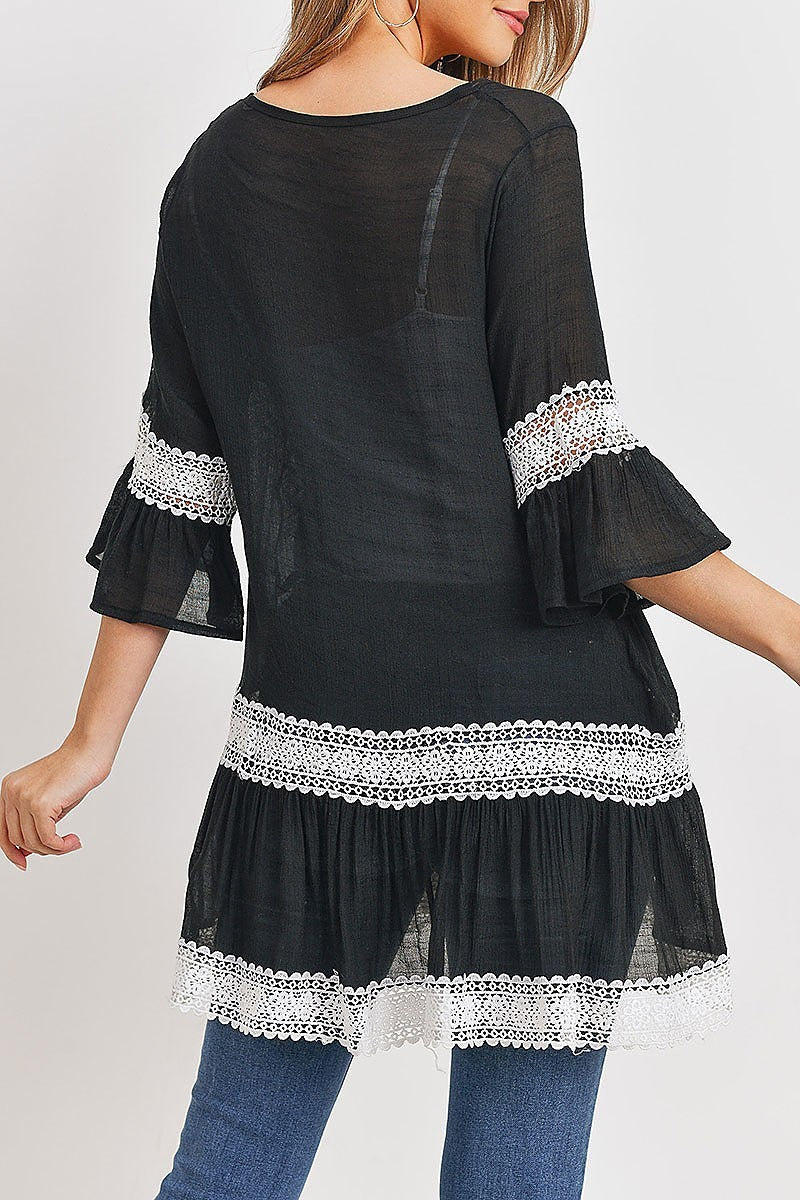 Lace trimmed bell sleeve tunic top (ED8548)