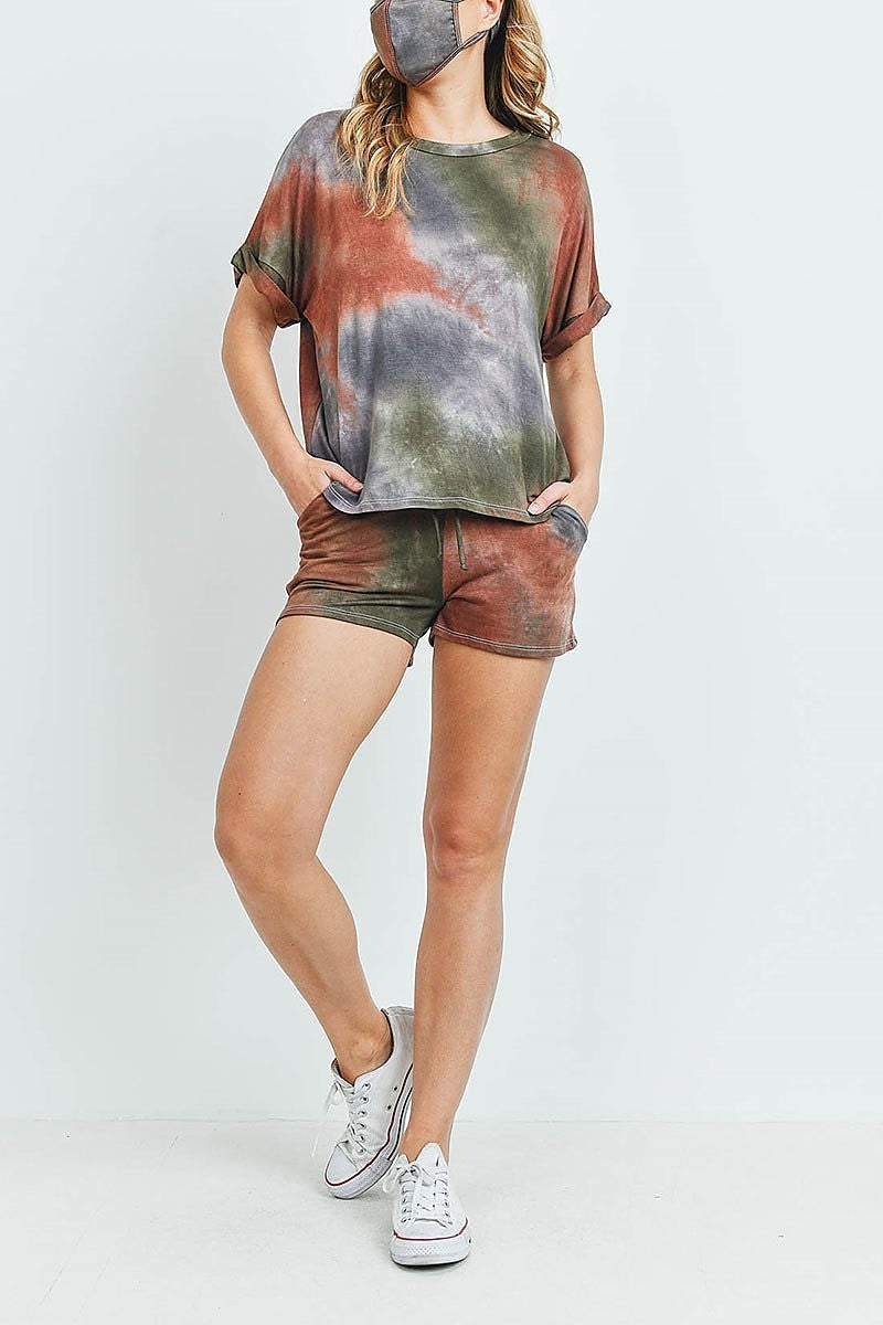 Tie dye roll up sleeve top and short set (ED9188-1)