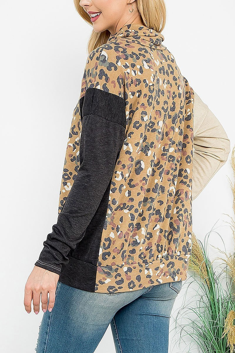 Cowl neckline leopard block long sleeve top (EF7032)