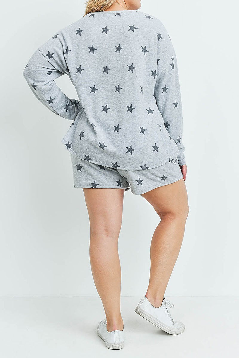 Long sleeves top and short plus size set star print with self tie (XDG7032)