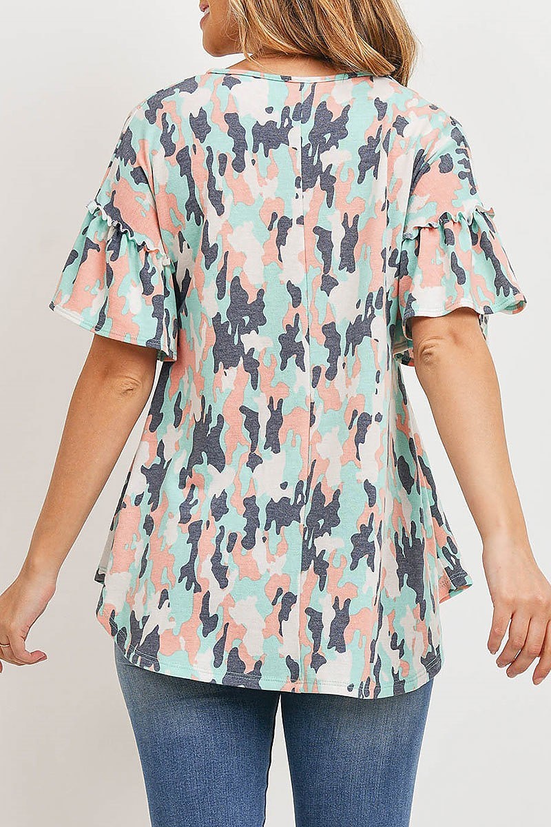 Camo print ruffle sleeve top (ED8929)