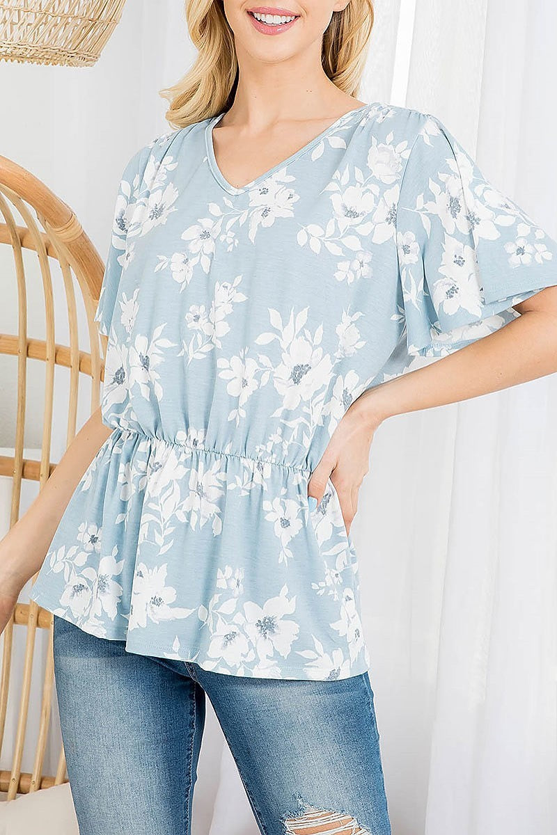 V neck bell sleeve floral cinch waist top (EF3119)