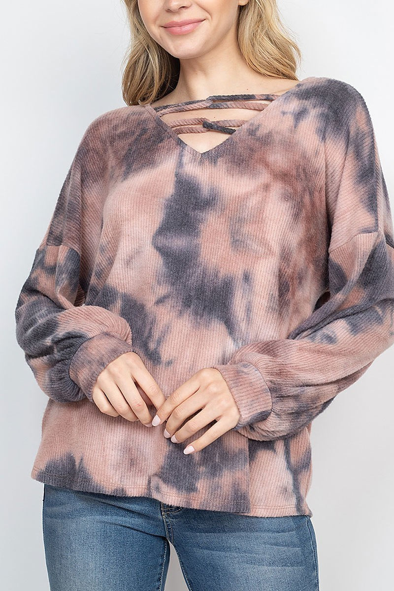 V neck chain strap long sleeve rib tie dye (EF2004)