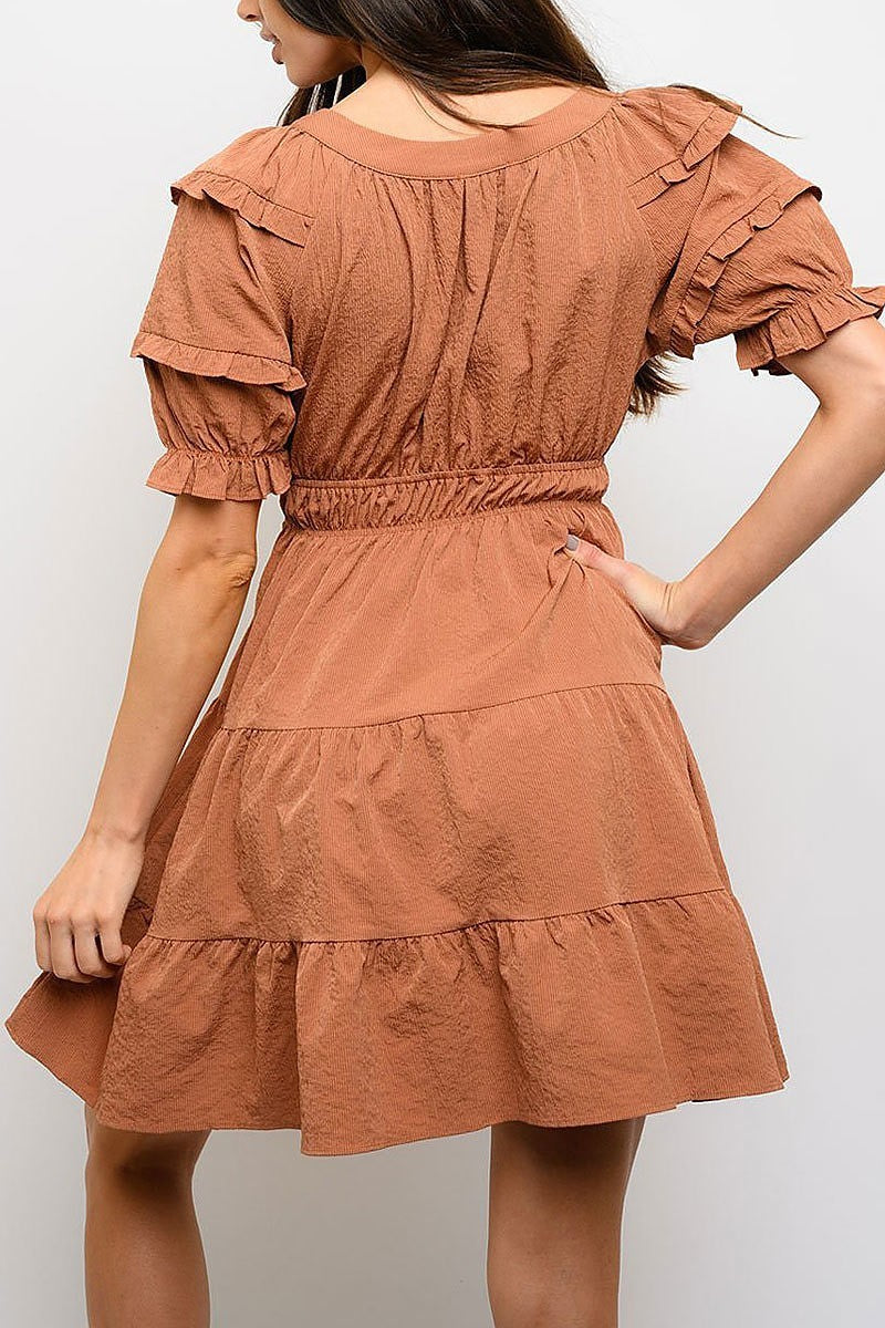 Puff short sleeve smocked waist mini dress (EDWT3375)