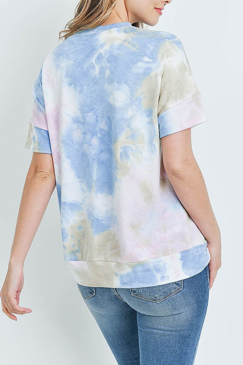 Cutout neckline tie dye banded hem top (ED9157)