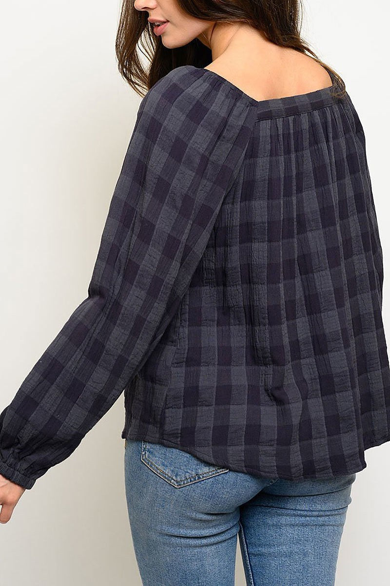 Long sleeve round neck plaid top (EDWT2806)