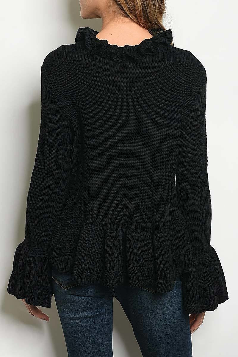 Long bell sleeve ruffled knit peplum sweater (DGS2567-1)