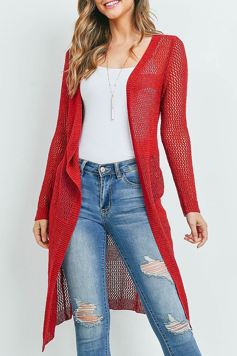 Sheer stripe long line crochet sheer cardigan (ED9492)