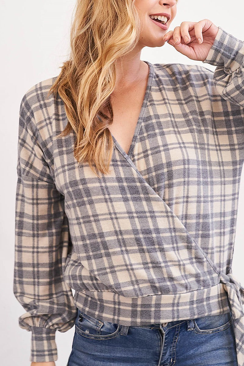 Surplice neckline ribbon tie plaid top (EF2464)