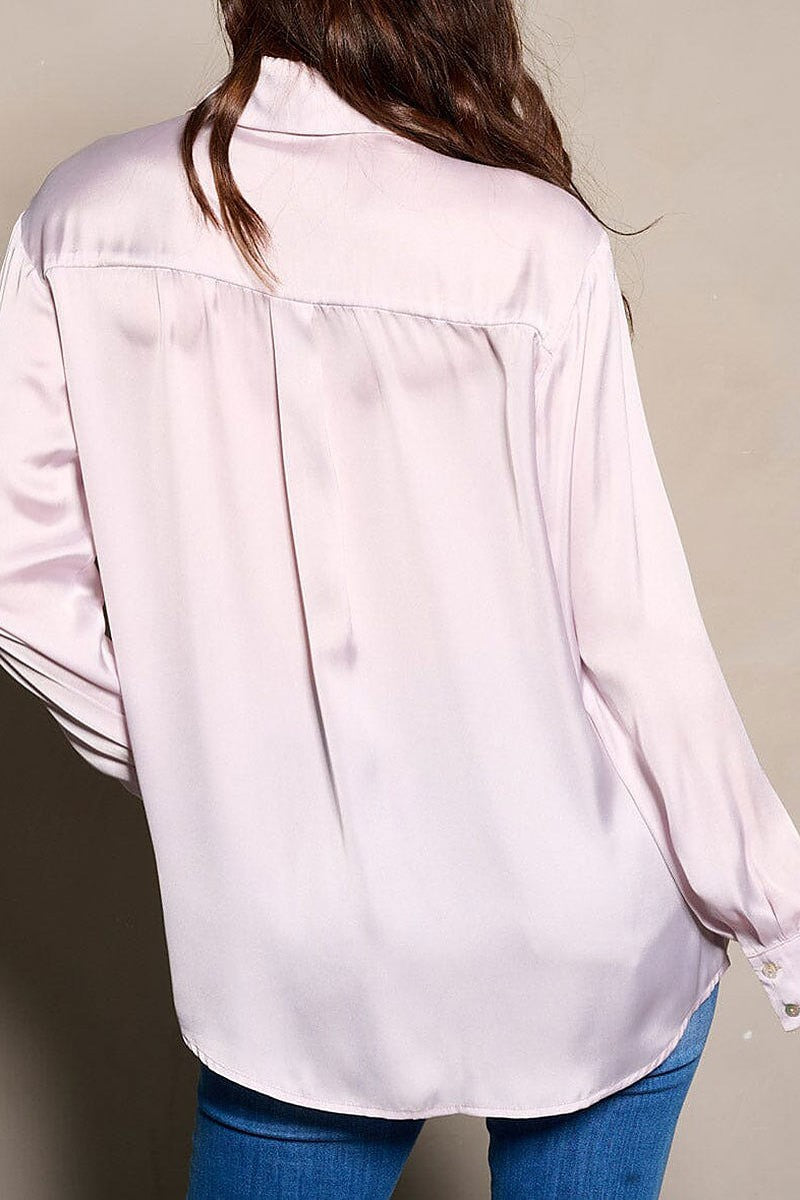 Long sleeve button closure satin blouse top (EGWT1451)