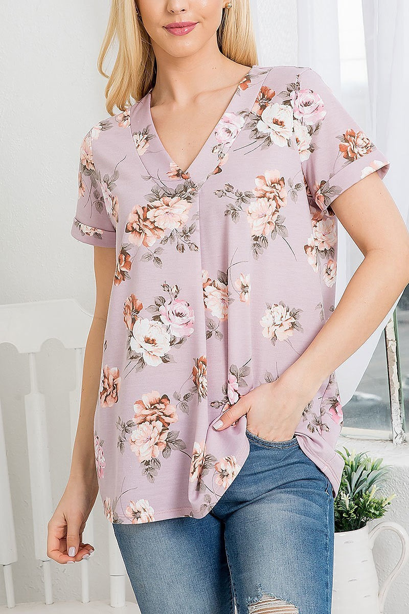 V neck short sleeve floral top (EF3440)