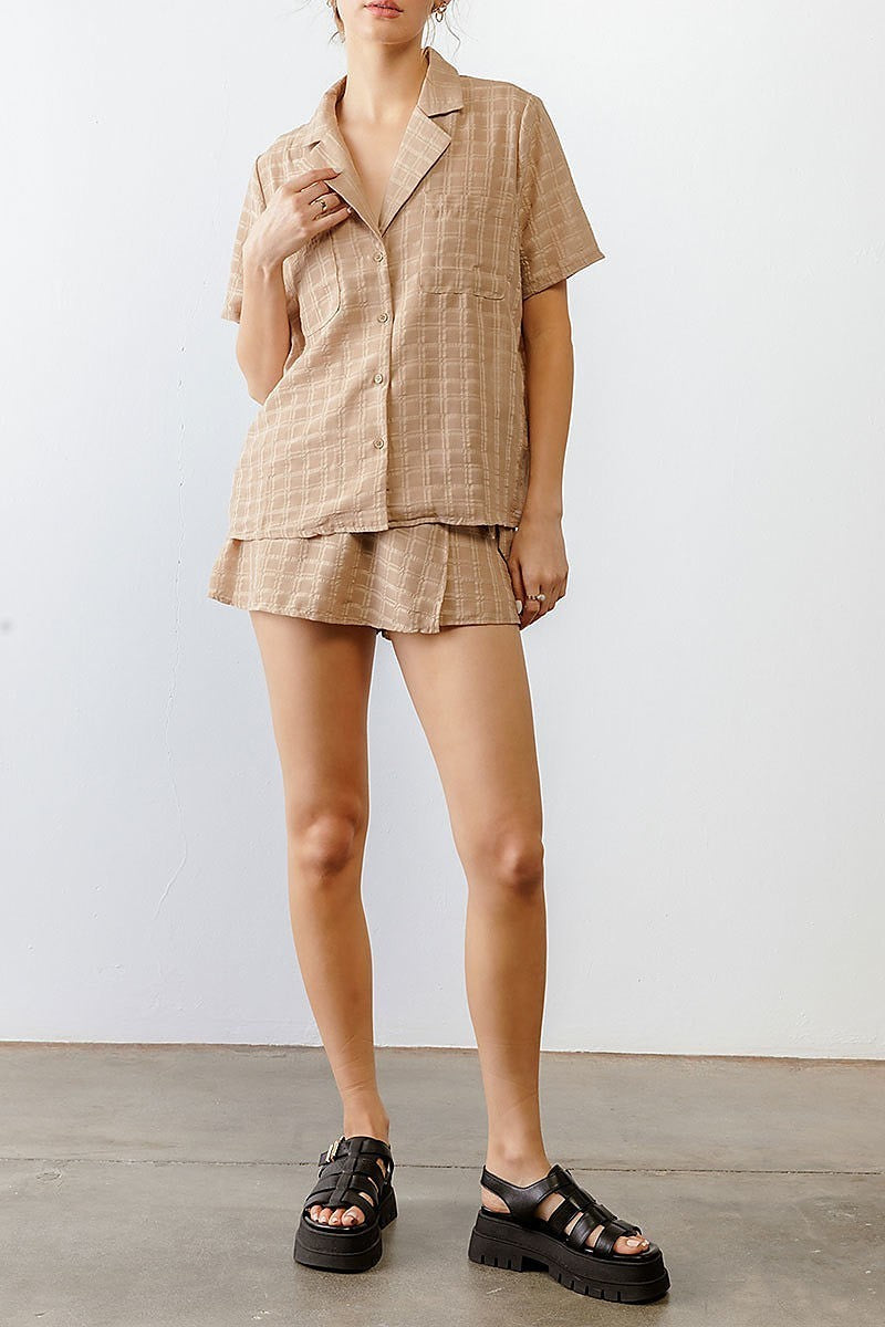 Button up pocket detail plaid top and skort set (TED1765)