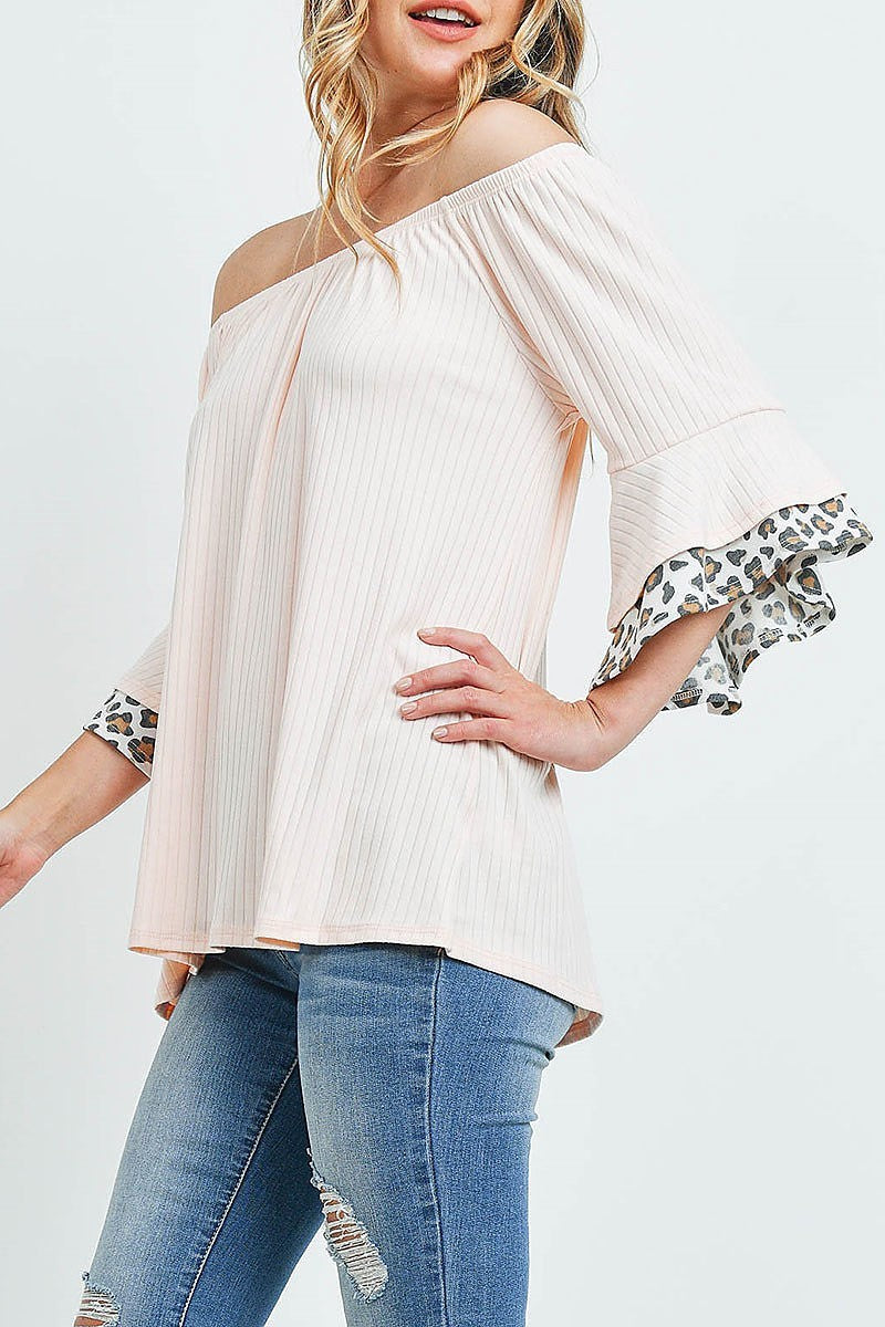 Off shoulder brushed rib bell leopard sleeves top (ED9767)