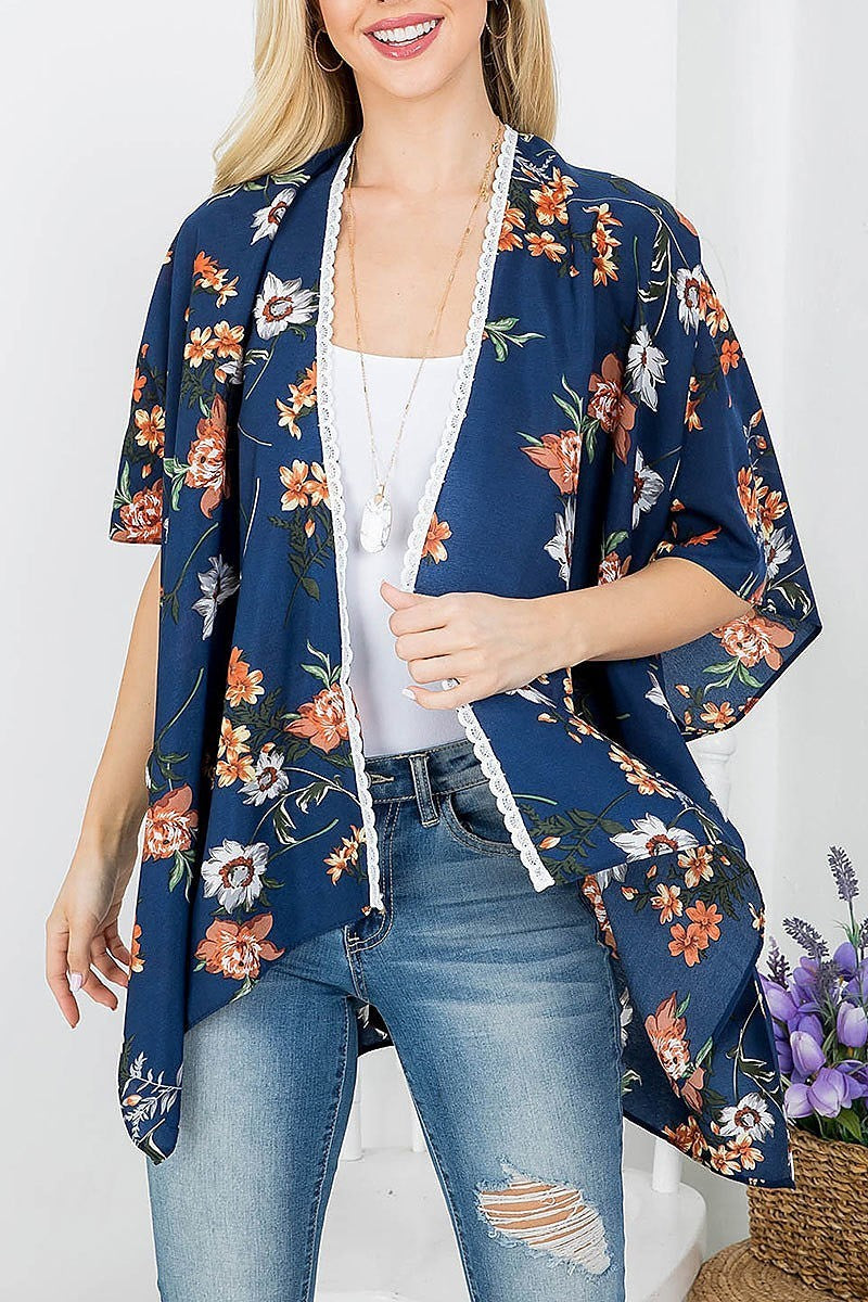 Floral print kimono with lace trim (EF3970)