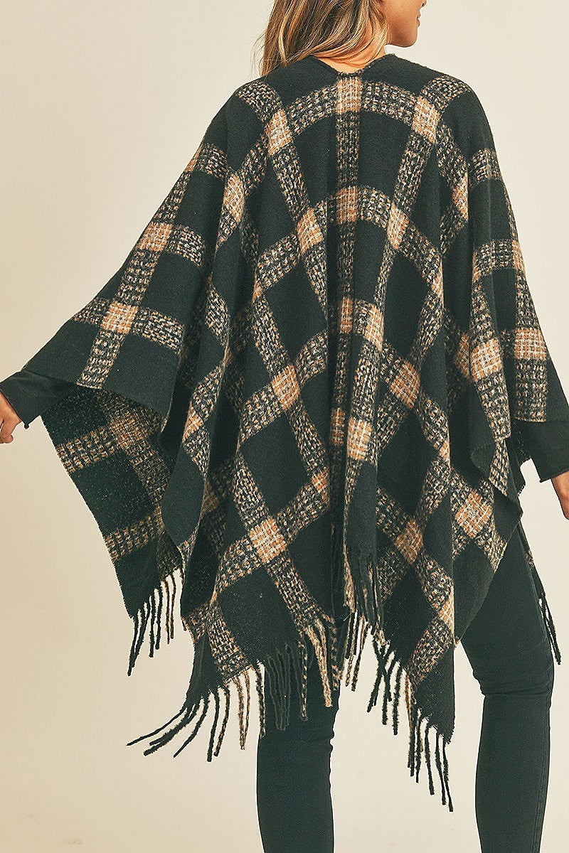 Fringe detail plaid pattern ruana kimono (DGS5732)