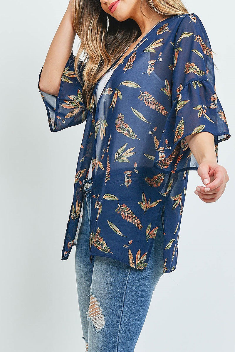 Leaf print sheer kimono top (ED9624)