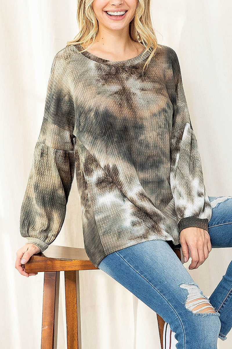 Puff sleeve round neck tie dye waffle top (EF2536)