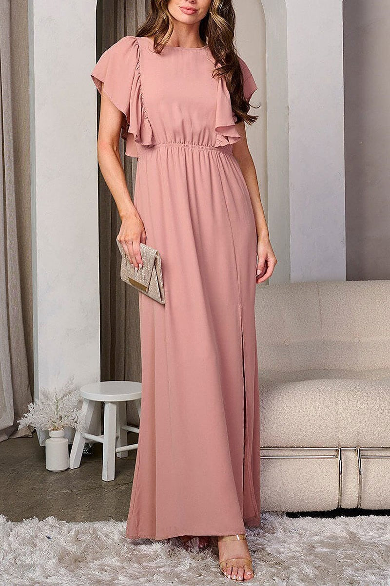 Short ruffle sleeve side slit maxi dress (EFWT8190)