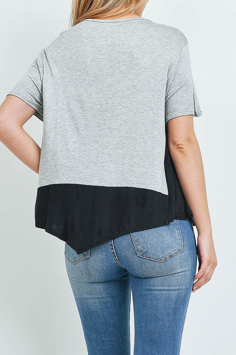 Asymmetrical hem color block top (ED9802)