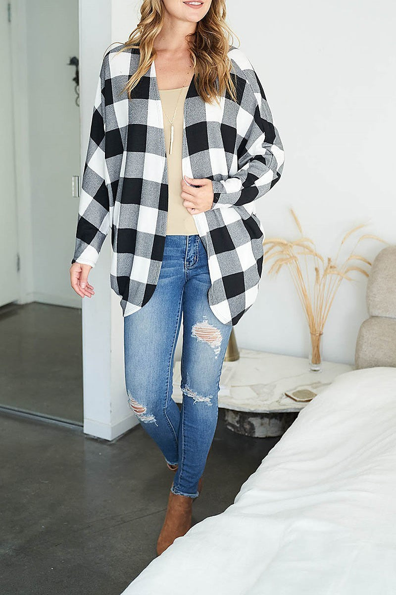 Long sleeve plaid open front cardigan (DGS5607)