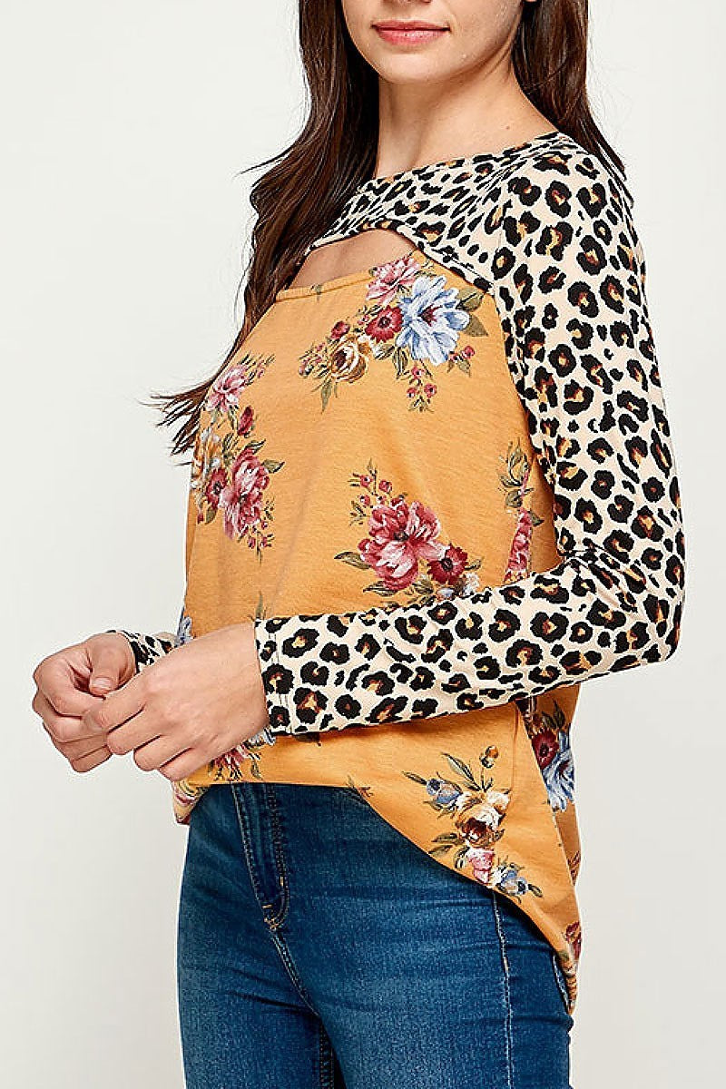 Animal floral pritn cutout front color block top (EF2381)