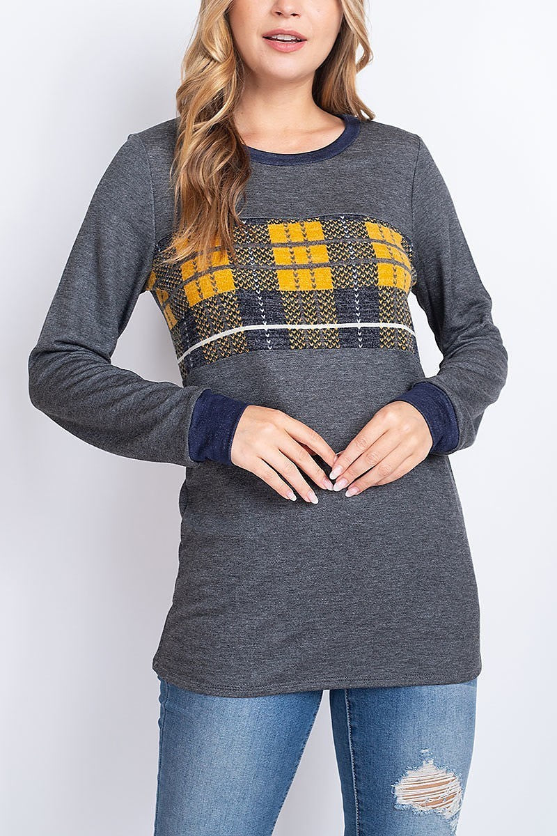 Plaid contrast color block round neck top (EF1930)