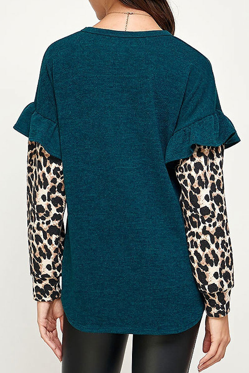 Animal print ruffle detail color block top (EF2233)