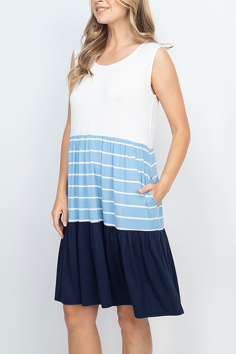 Color block stripe contrast sleeveless pocket dress (DED6746)