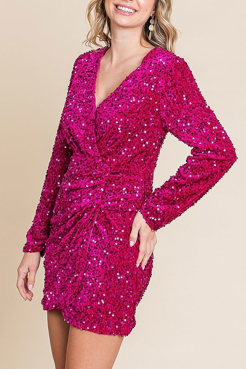 Sequin glitter holiday party wrap mini dress (EDH1932)