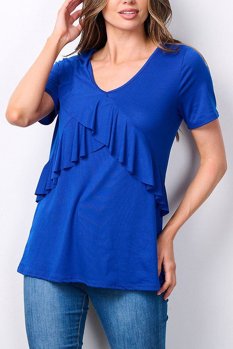 Short sleeve v-neck ruffle detailed top (EFWT7525)