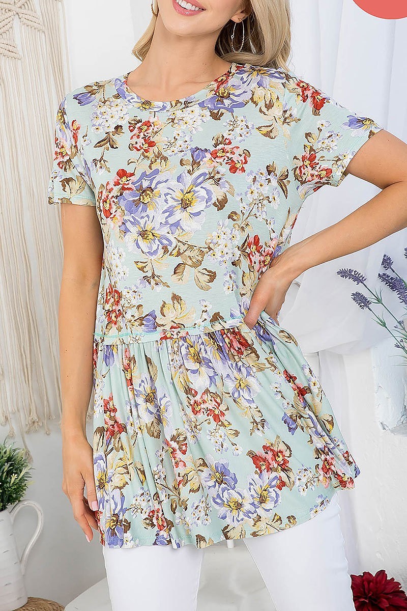 Floral round neck short sleeve baby doll top (EF3928)