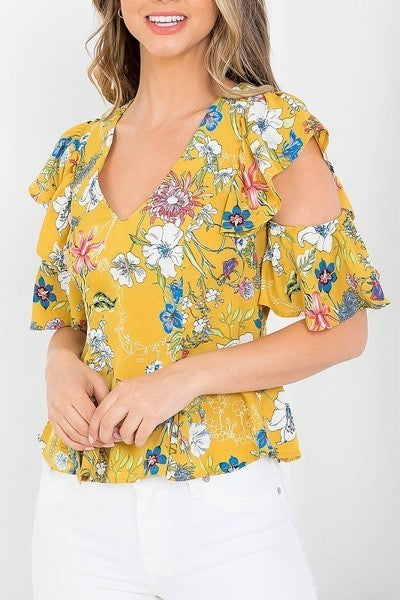 Floral print v neck cut out sleeve top (EF3553-MW1D)