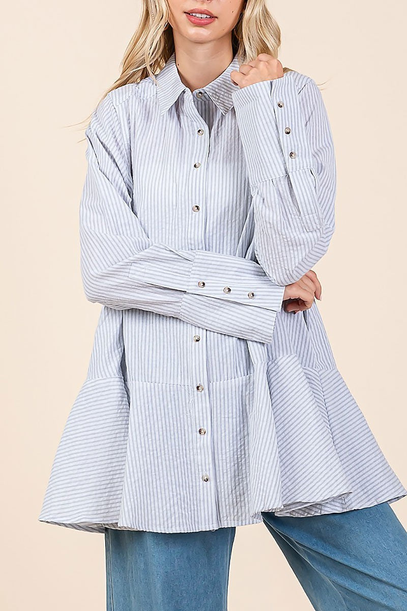 Striped button down ruffle bottom tunic shirt (EDH2327)