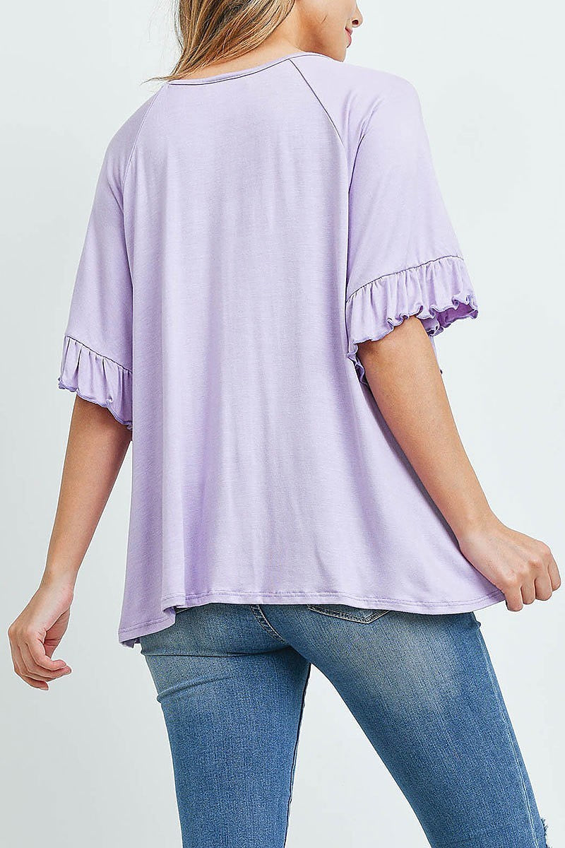 Ruffle detail bell sleeve v neck top (ED9619)