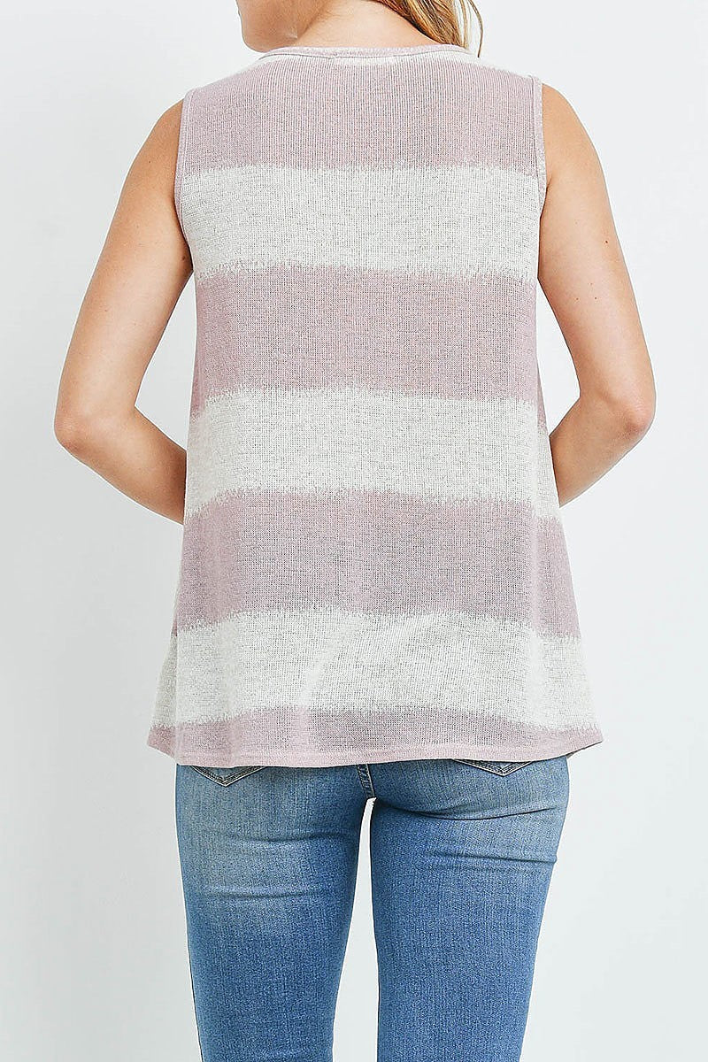 Button trimmed v neck stripe top (EF1461)