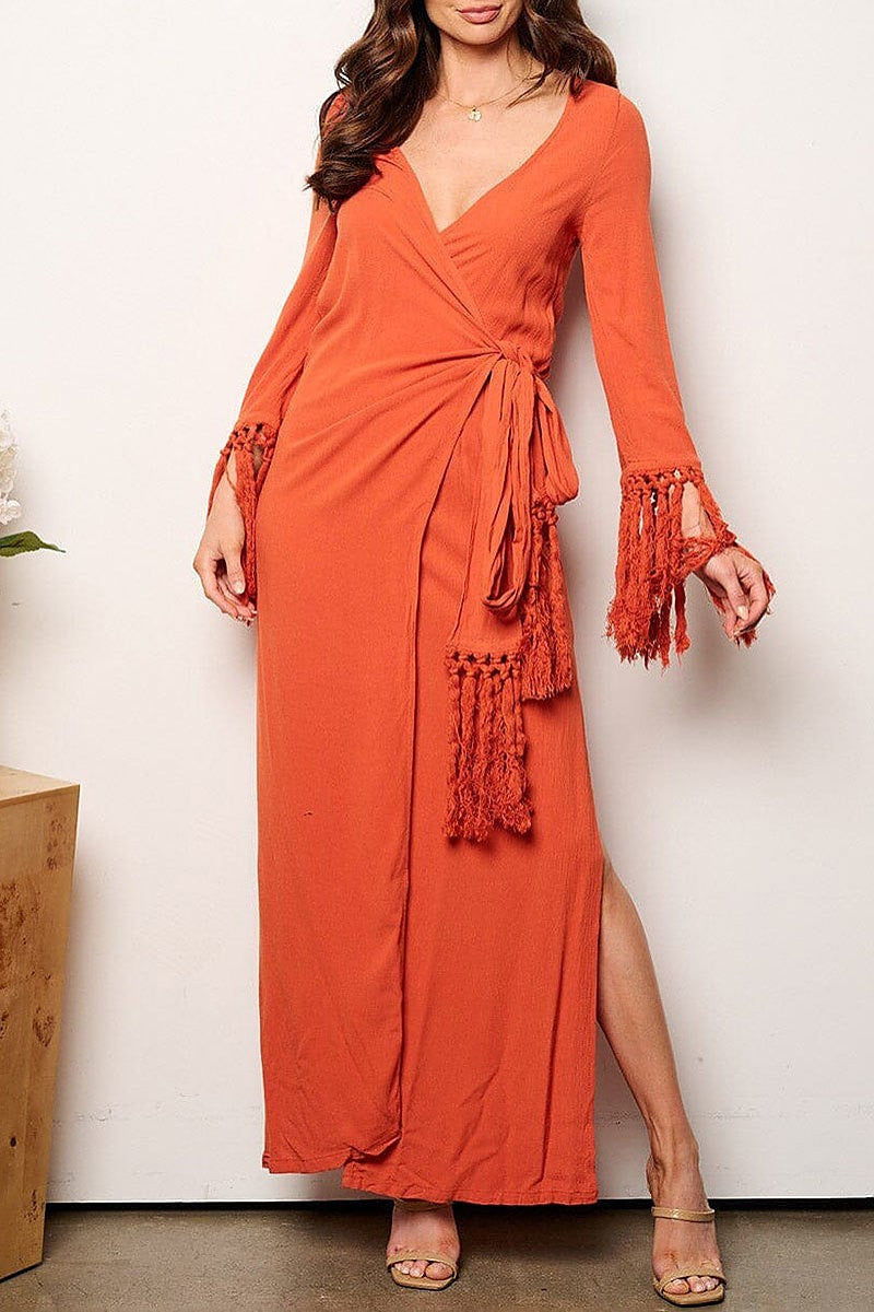 Long tassel sleeve v-neck wrap maxi dress (EGWT1030)